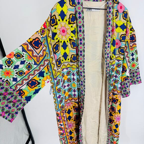 Zara Multicolor Boho Patchwork Maxi Kimono Duster Coat Size Small No Belt - Picture 7 of 9